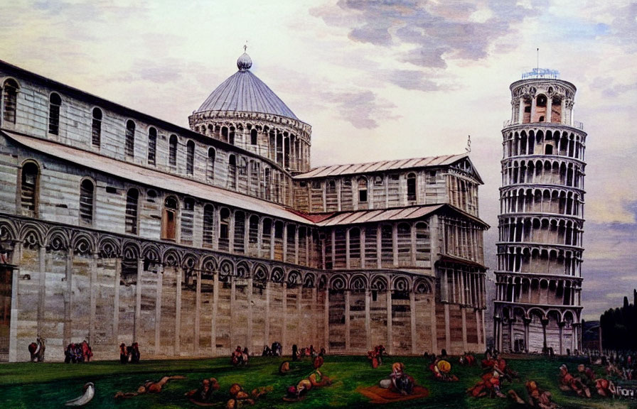 Historic complex with cathedral, baptistery, and leaning tower in scenic setting