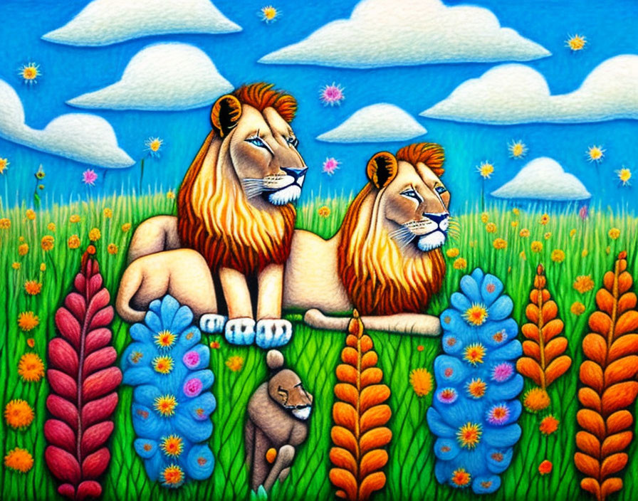 Illustration of two lions and a cub in vibrant colors on a whimsical backdrop
