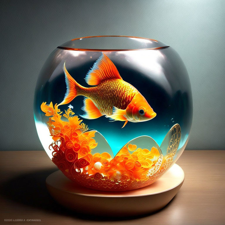 Goldfish in Spherical Aquarium with Orange Plants on Wooden Surface