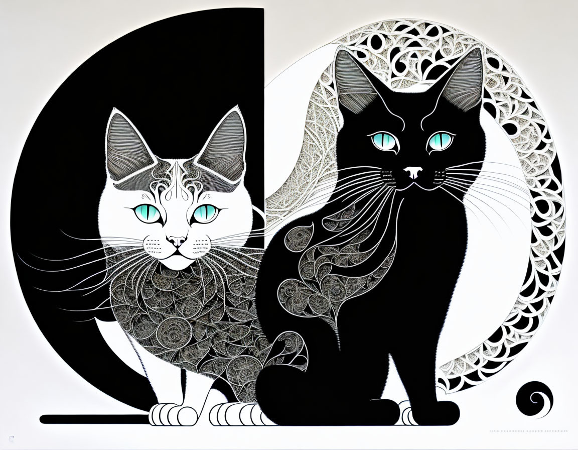 Black and white cats with intricate patterns on yin-yang backdrop