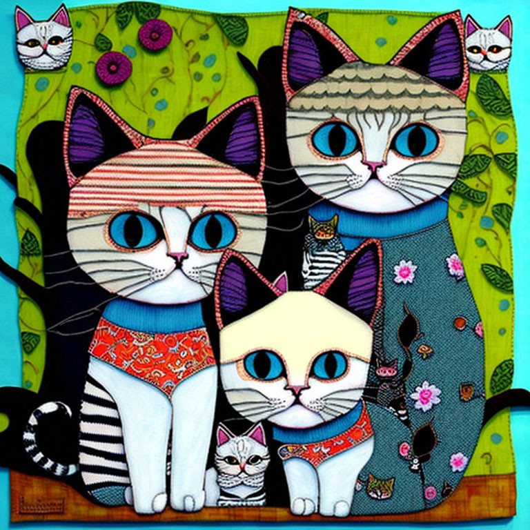 Vibrant illustration of four whimsical cats on floral background