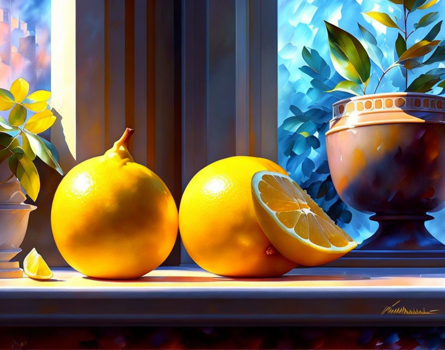 Colorful still life with lemons, plant, and sunny backdrop