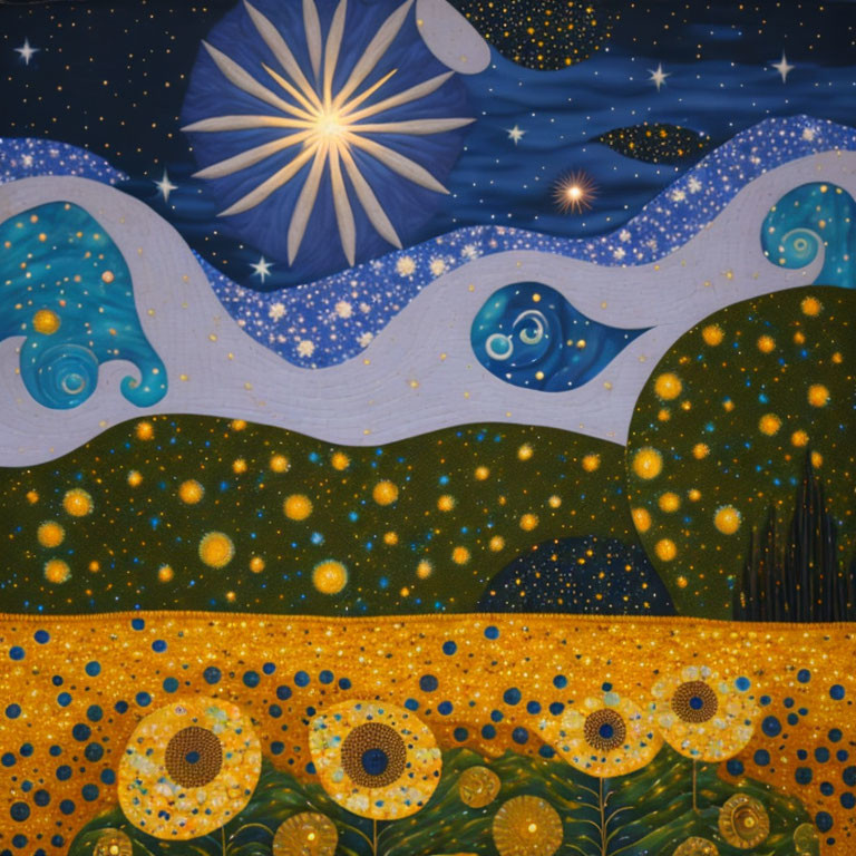 Starry Night sky painting with swirling patterns and blooming sunflowers