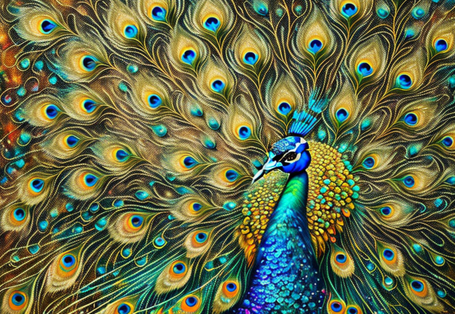 Colorful Peacock with Iridescent Blue and Green Tail Feathers