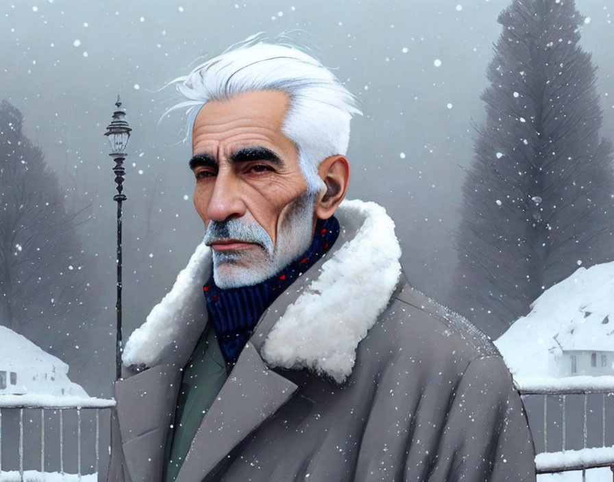 Elderly man in snow with white hair, jacket, and scarf