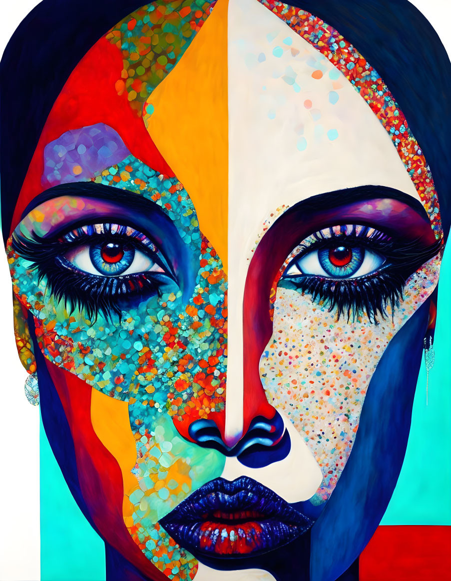 Vibrant split-face abstract portrait with detailed eyes and geometric patterns