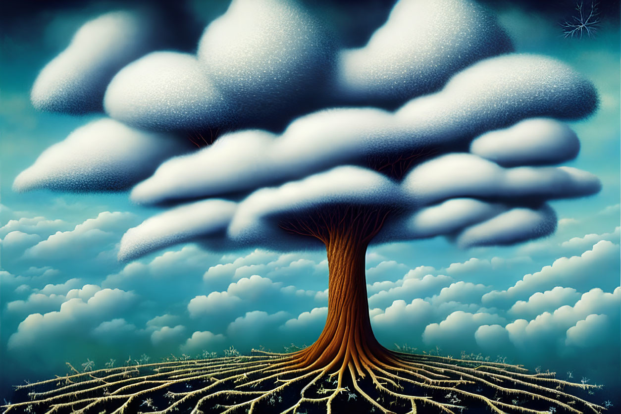 Surreal tree merging with clouds against blue sky