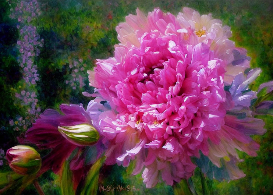 Colorful oil painting of blooming pink peony and purple flowers