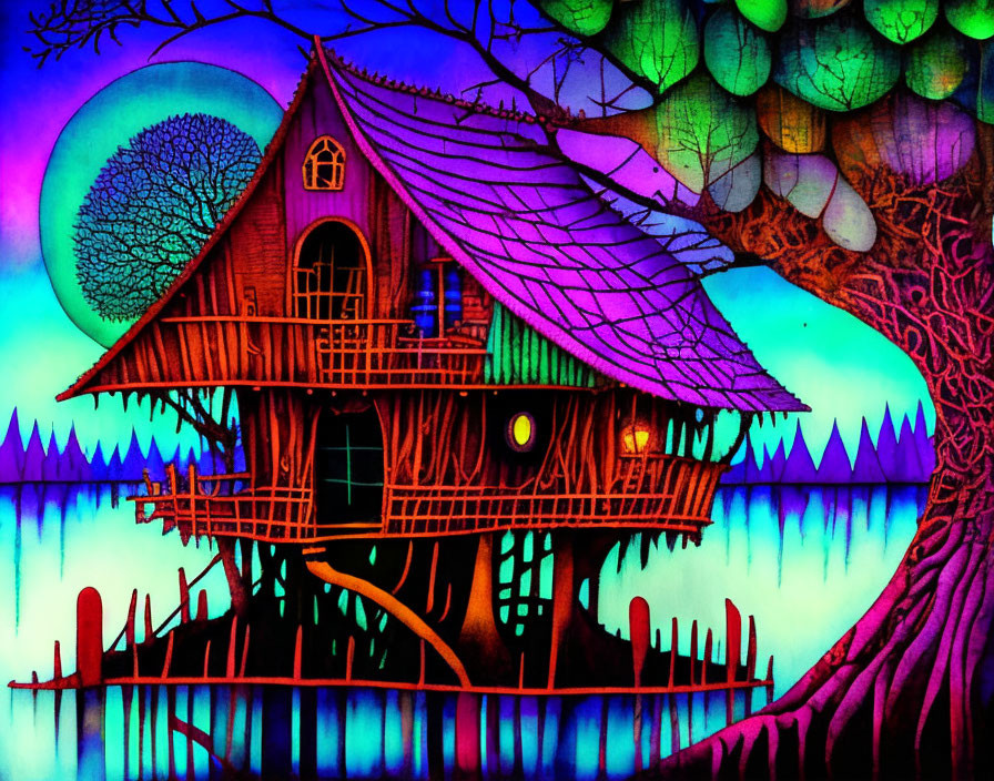 Whimsical treehouse illustration with vibrant colors & surreal scenery