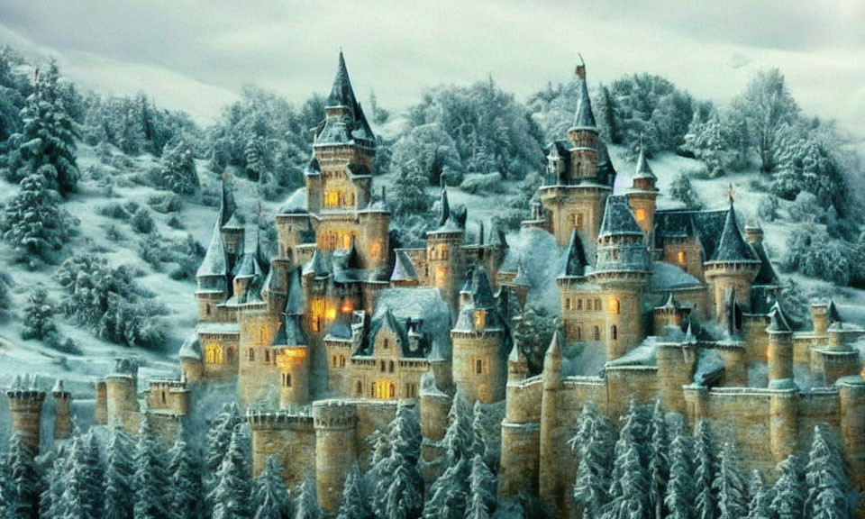 Snow-covered castle in wintry forest with glowing lights