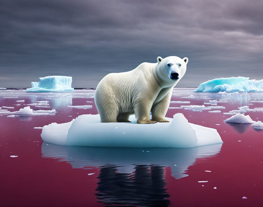 Polar bear on small ice floe in icy waters under dramatic pink-tinted sky