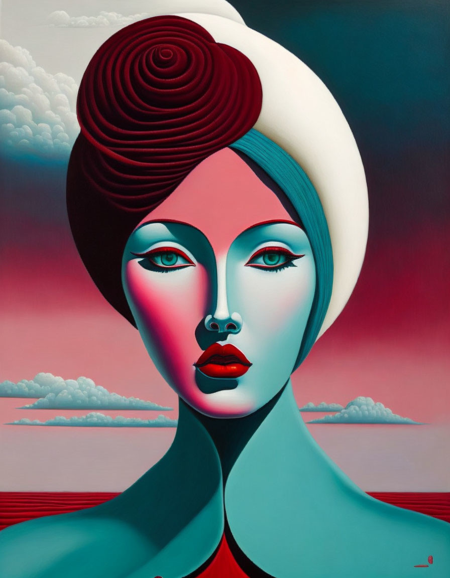 Surrealist portrait of woman with swirled hair in red and white