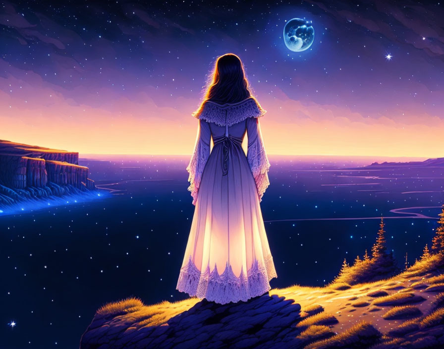 Woman in white dress under luminous full moon on cliff overlooking river valley