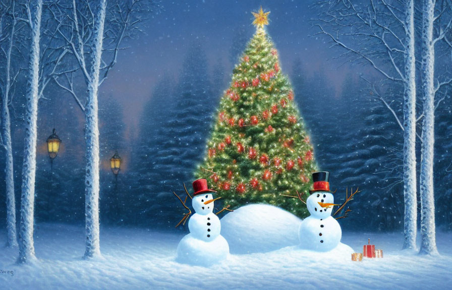 Snowmen and Christmas tree in winter scene with falling snow and glowing lanterns.