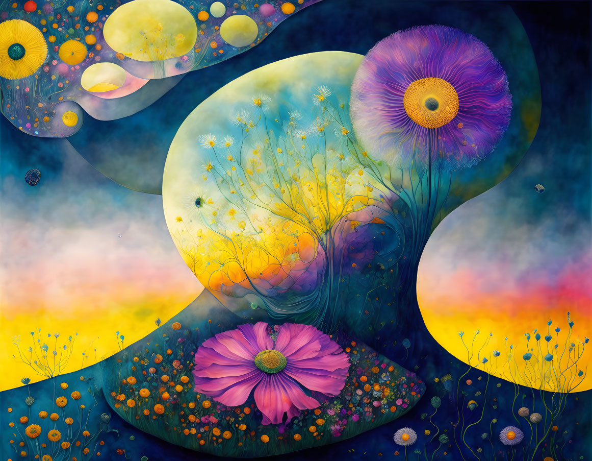 Fantasy landscape with whimsical flower-shaped trees and multiple moons in warm colors