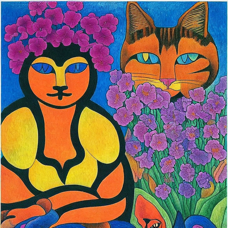 Colorful Cat Illustration with Human-Like Body and Flowers in Vibrant Tones