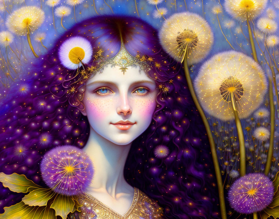 Fantasy portrait of woman with purple hair and glowing dandelions