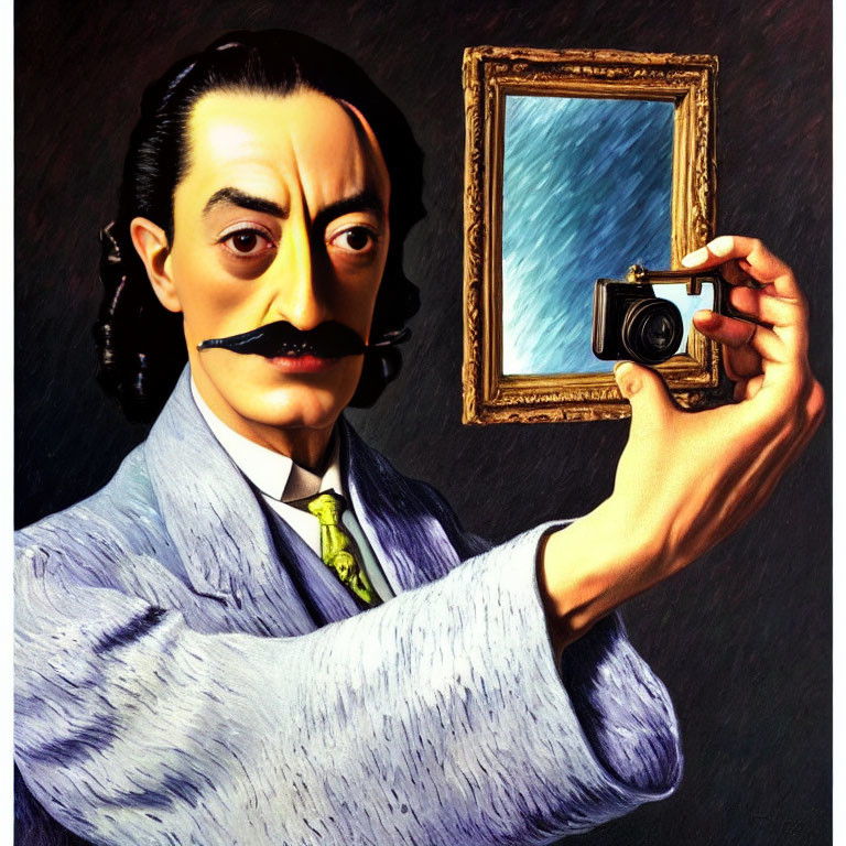 Stylized painting of man with exaggerated mustache taking selfie