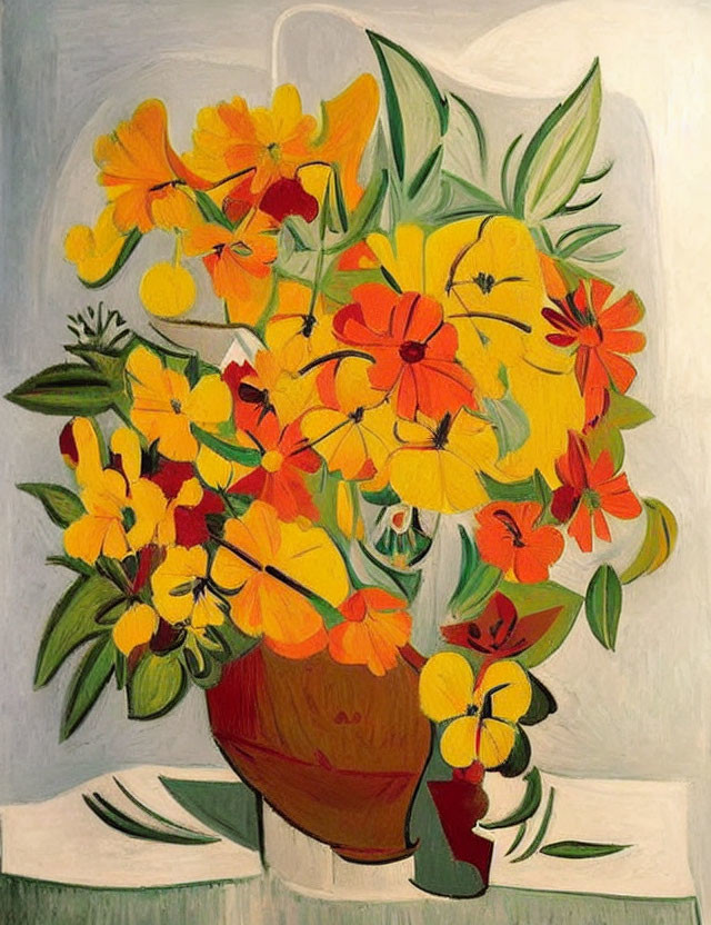 Colorful floral arrangement painting with yellow and orange flowers in a brown vase on pale green background