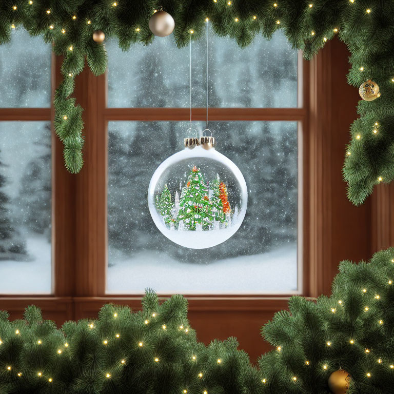 Snowy Christmas window scene with decorated tree and garland.