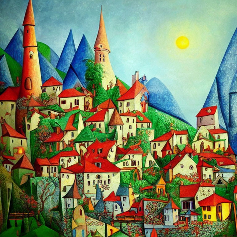 Colorful painting of whimsical village with spires and rolling hills
