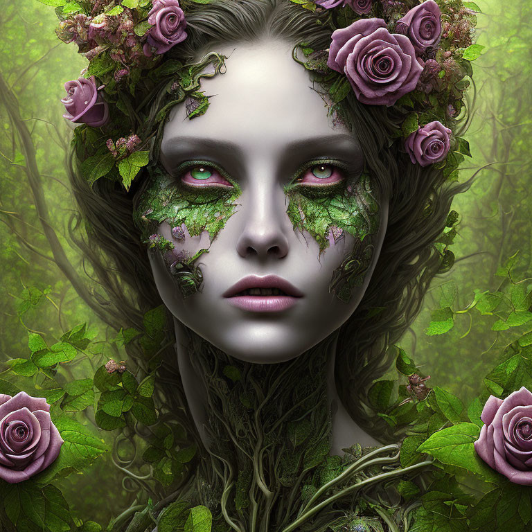 Fantasy-themed image: Person with green eyes, crown of roses and ivy, leaves merging into