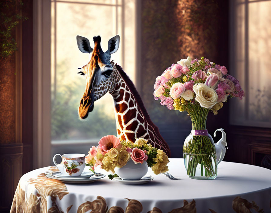 Giraffe's head at elegant table setting with teacup and flowers