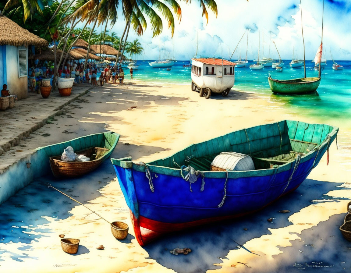 Vibrant beach scene with blue boat, sandy shores, boats, people, thatched huts