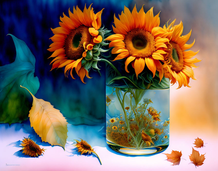 Sunflowers in Glass Vase on Blue Background