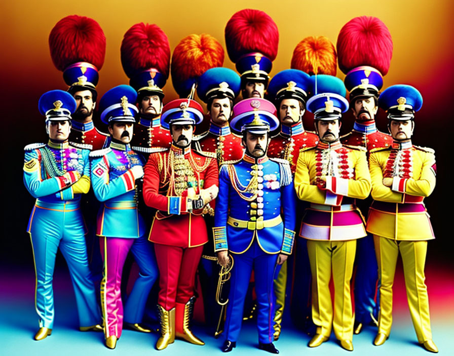 Vibrant illustration of stylized soldiers in ceremonial uniforms