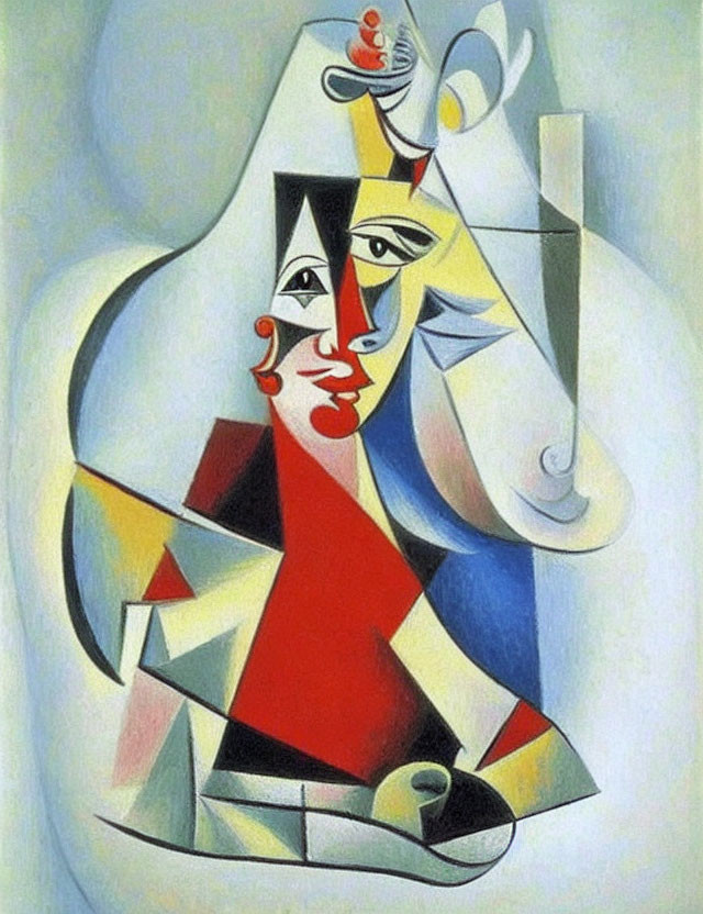 Geometric Cubist portrait in red, white, blue, and yellow with distorted features.