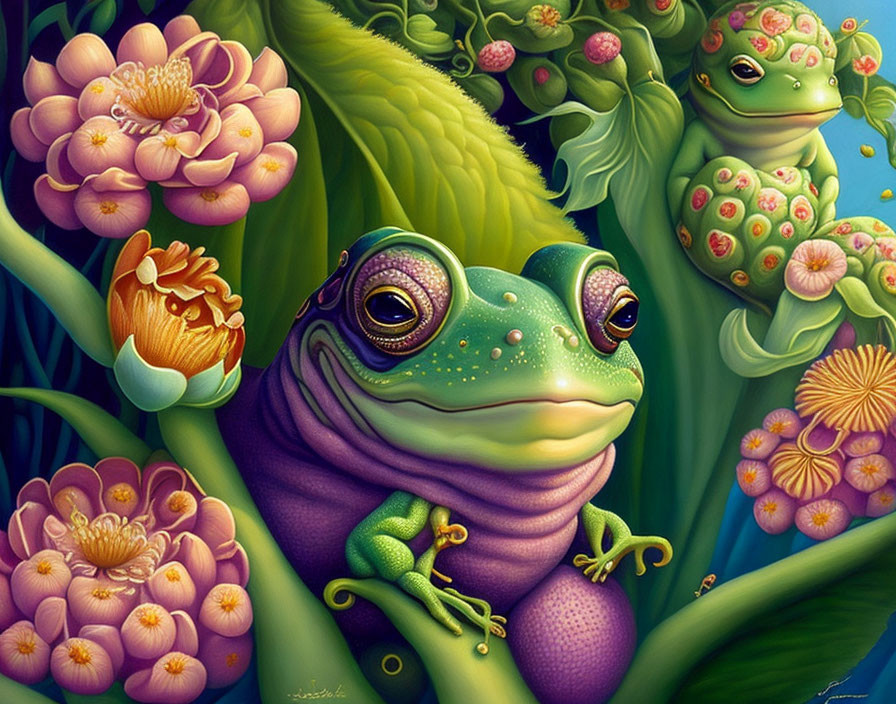 Colorful Frog Among Lotus Flowers and Leaves Illustration