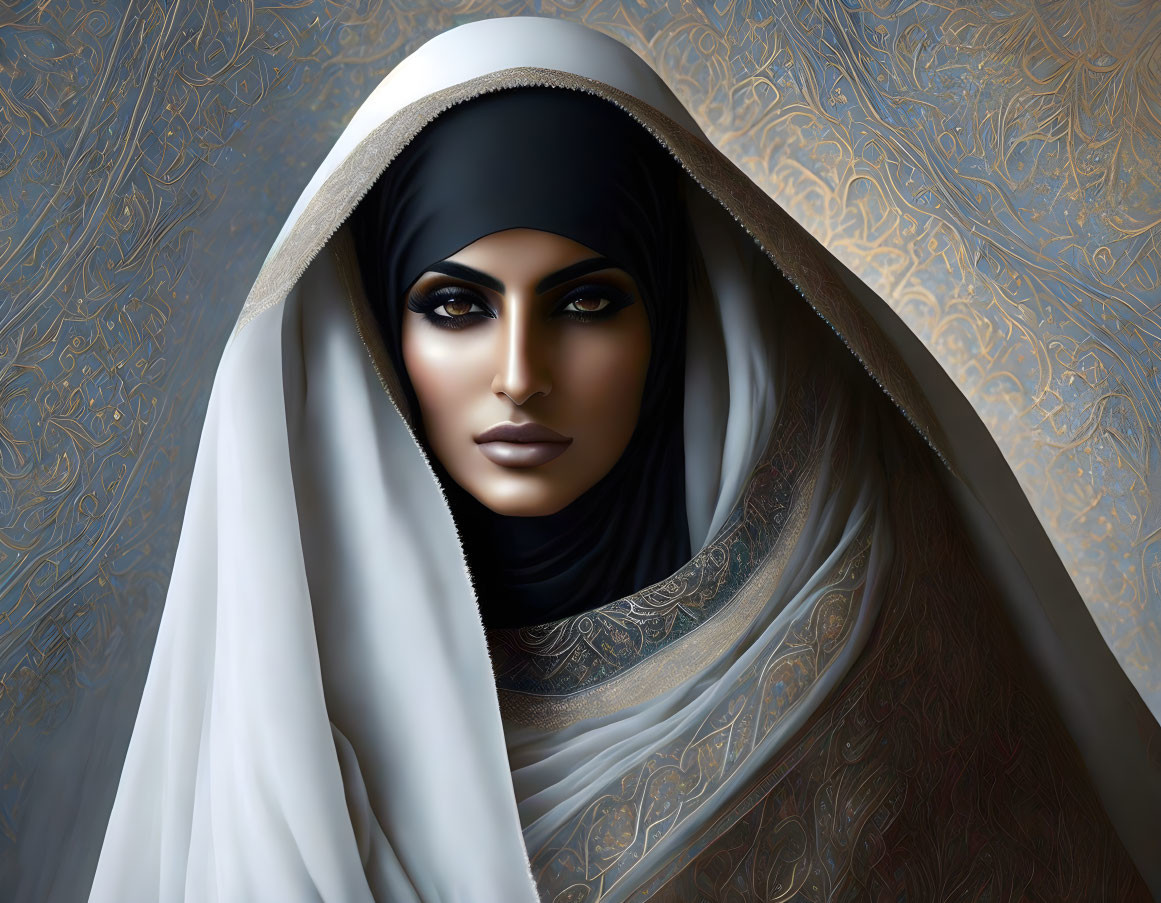 Digital portrait of woman with headscarf against ornate background