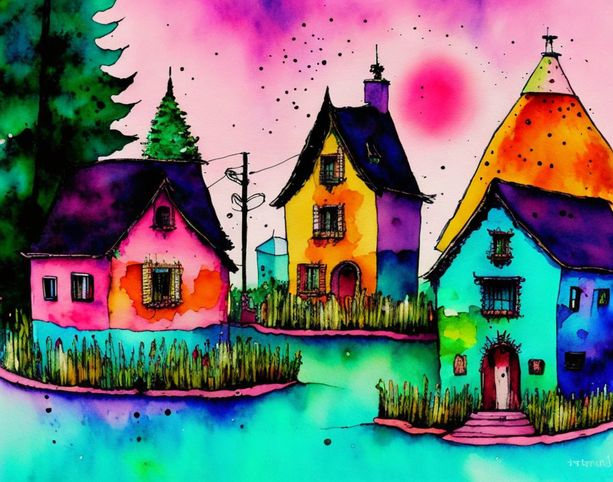 Colorful watercolor painting: Whimsical houses, river, greenery, purple sky.