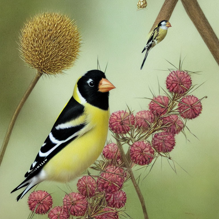 Colorful birds perched among pink flowers and seedpods