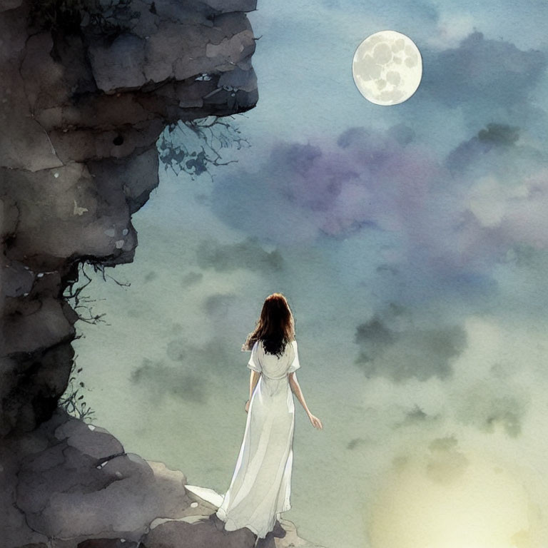 Woman in white dress on cliff edge under full moon with ethereal clouds and mist