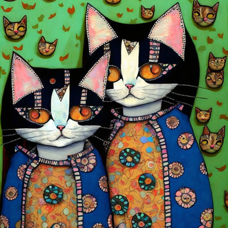 Stylized anthropomorphic cats with patterned coats and vibrant, whimsical background
