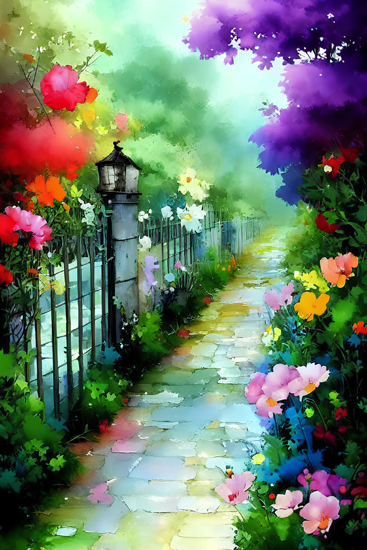 Colorful garden path with flowers and iron fence under multihued sky