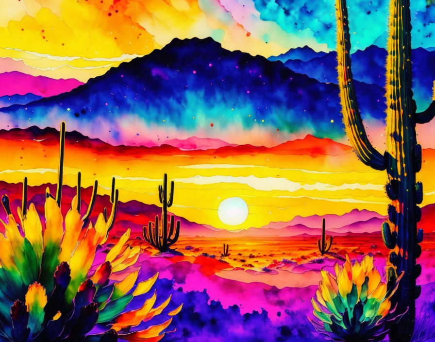 Colorful desert landscape with cacti and sunset sky