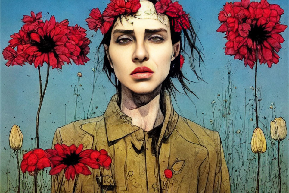 Woman with intense gaze, red flowers in hair, beige shirt, floral backdrop and blue sky.