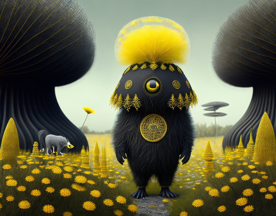 Surreal illustration featuring creature with yellow head tuft in field of yellow flowers