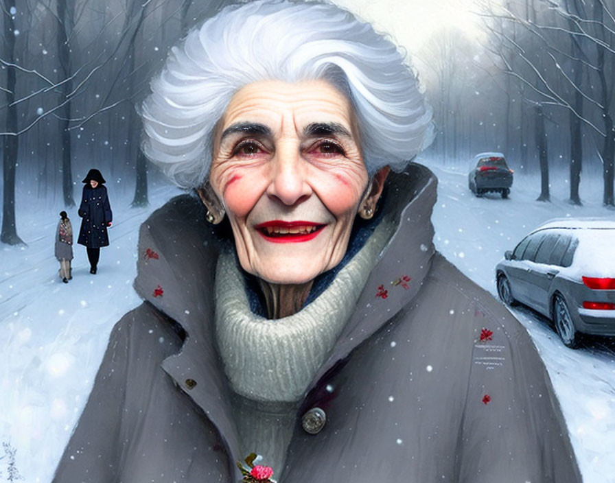 Elderly woman with white hair and warm smile in snowy scene with child and adult.