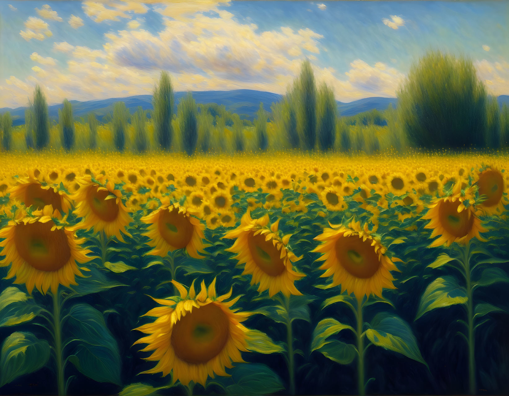 Sunflower Field with Trees and Hills in Background