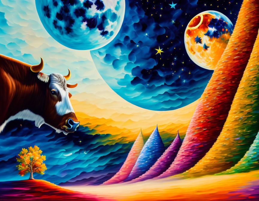 Colorful surreal painting: cow, striped hills, moons, stars