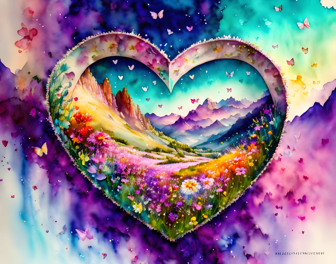 Colorful Watercolor Painting of Heart-Shaped Meadow Scene