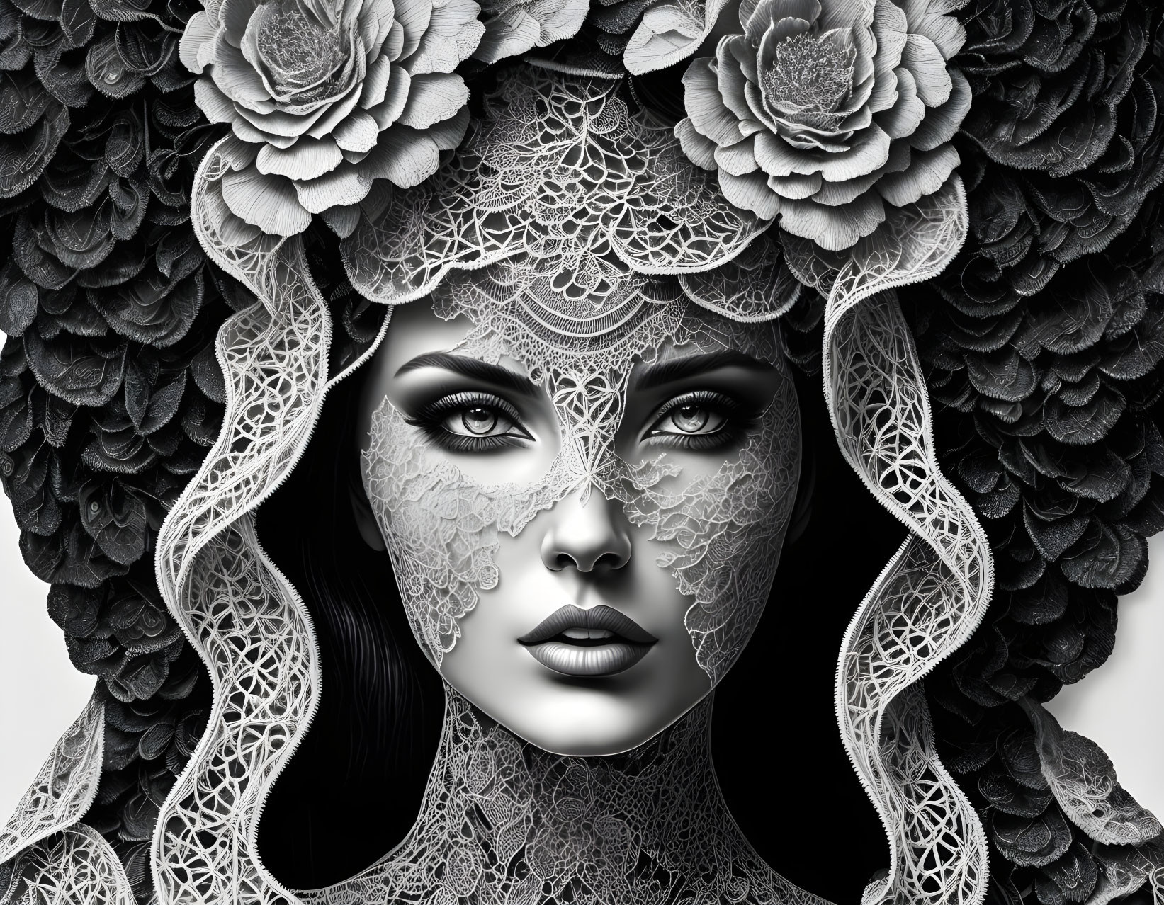 Greyscale digital artwork of woman with lace and floral patterns.