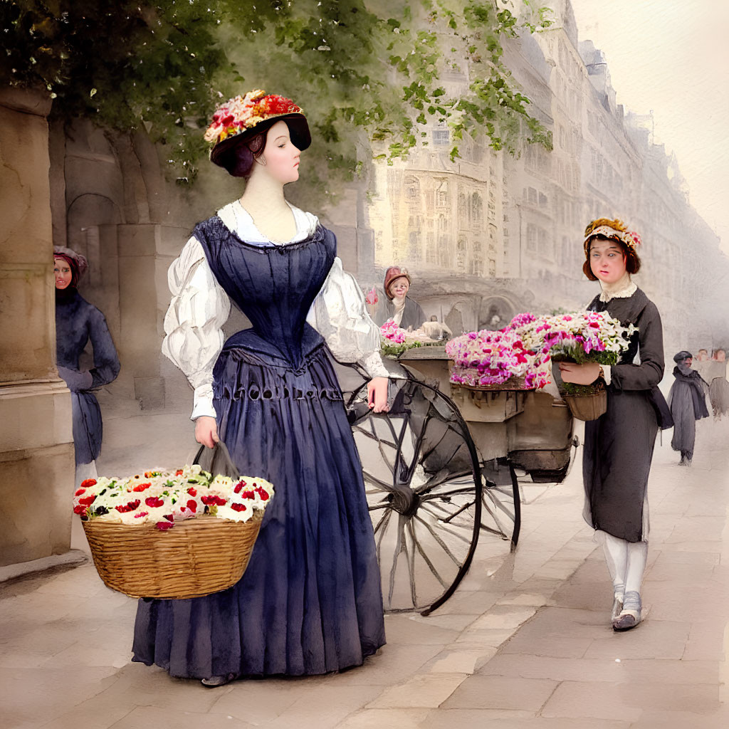 Vintage street scene with women selling flowers in traditional dresses