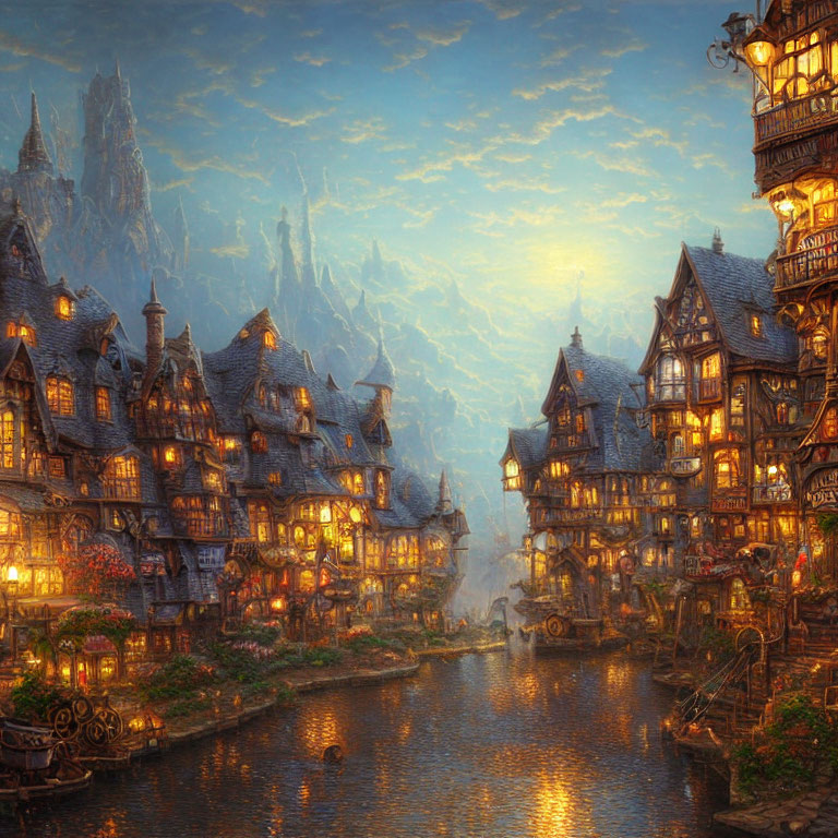 Enchanting fantasy village with medieval-style buildings by calm river