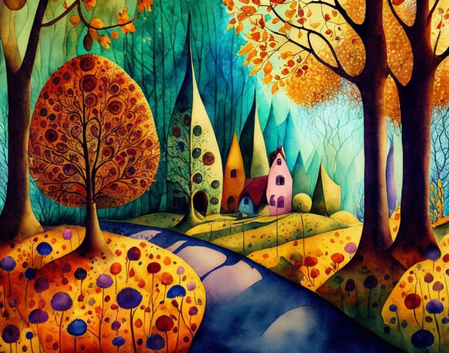 Vibrant watercolor forest with river and colorful houses