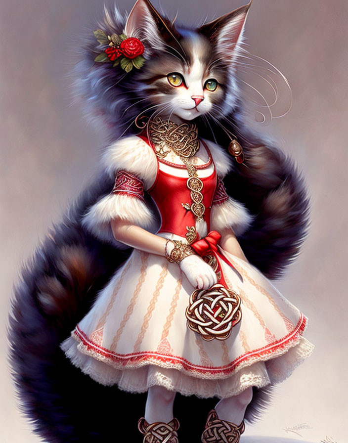 Anthropomorphic Cat in Elegant Dress with Floral and Gold Adornments